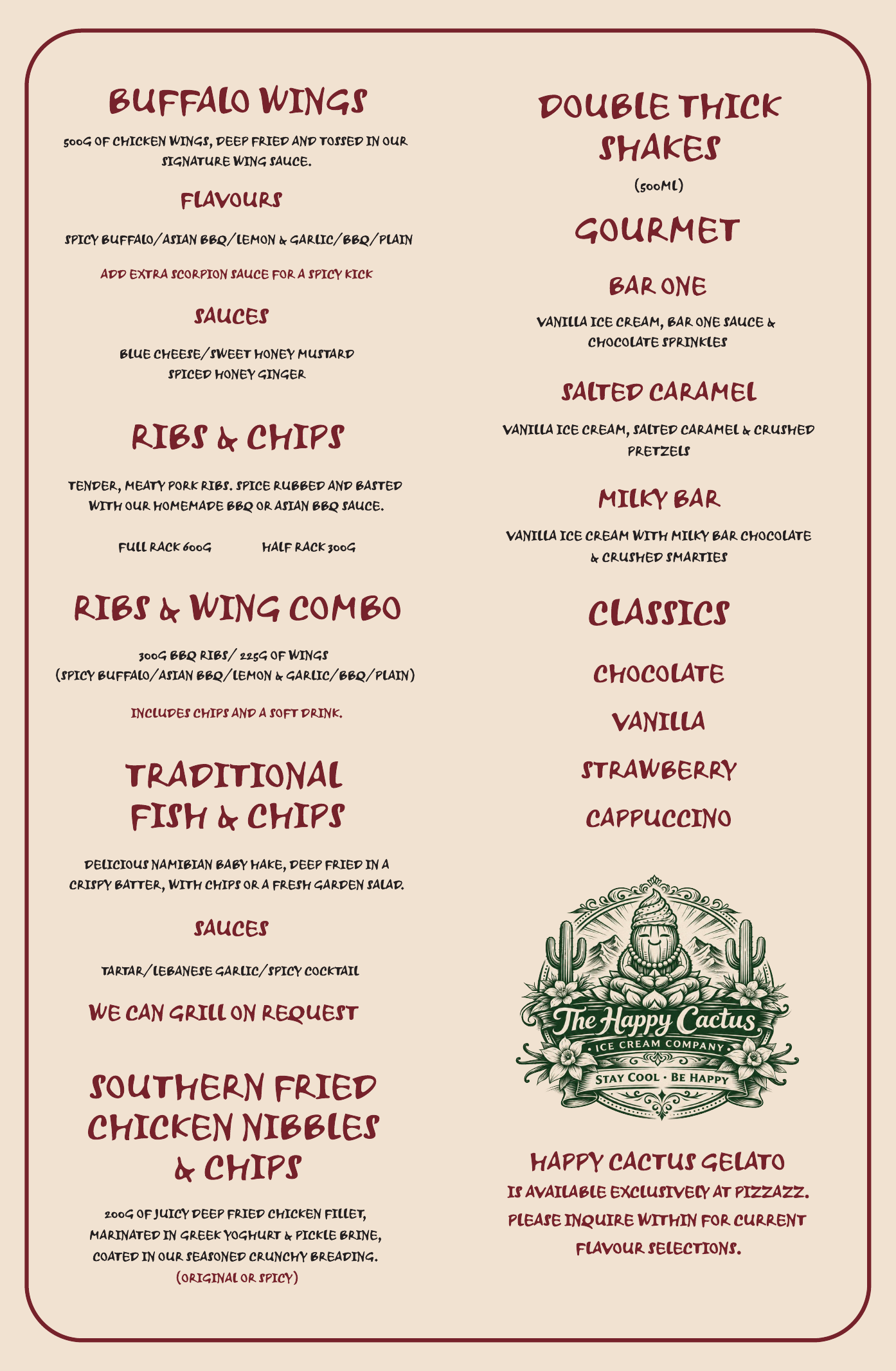 Pizzazz printed menu artwork page 2