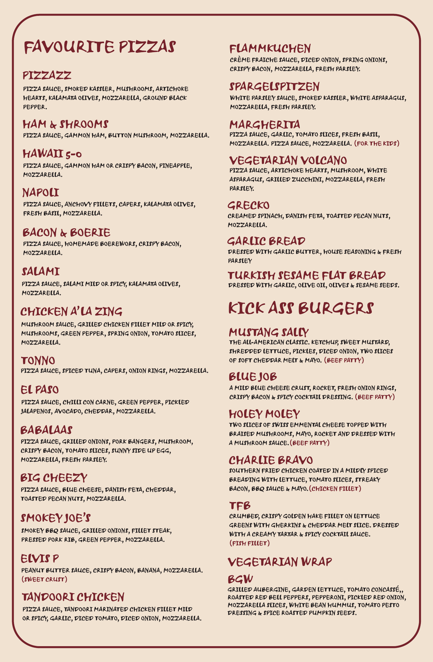 Pizzazz printed menu artwork page 1